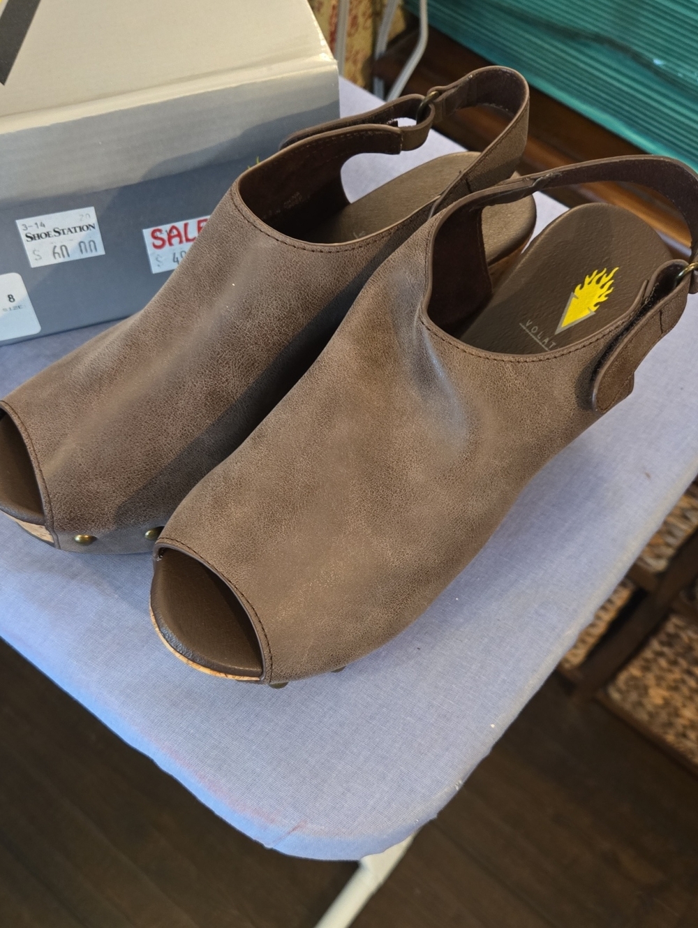 Volatile Brown Open-Toe Slingback Wedge Mules